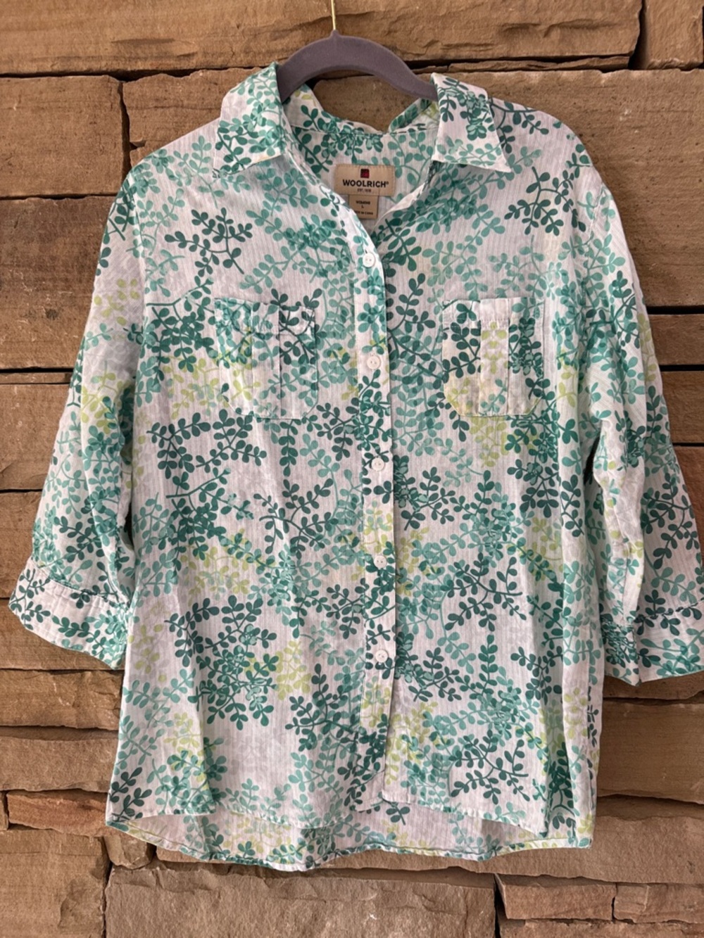 Woolrich Teal & White Leaf-Print Button Front Cotton 3/4 sleeve Top Shirt Blouse